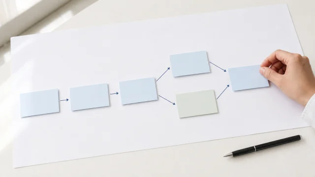カードと矢印で業務の流れを整理する手元のイメージ